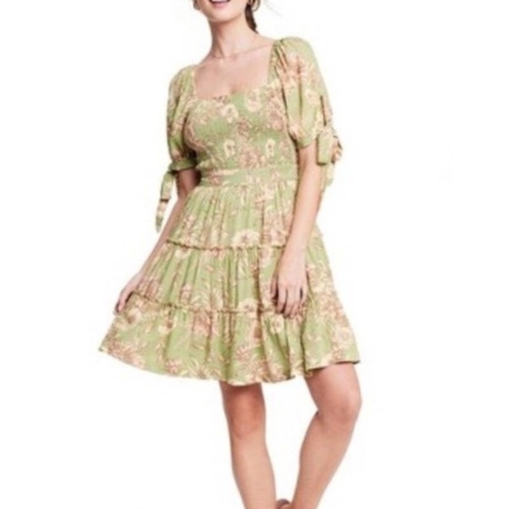 Agua Bendita x Target Floral Print Puff Sleeve Mini Dress Green Olive Small